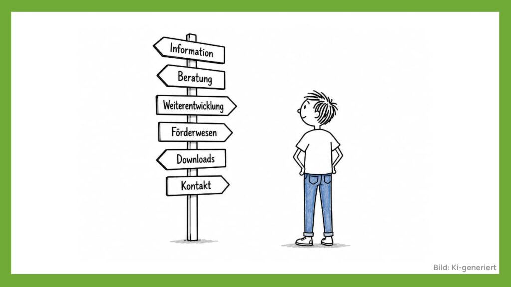 Das Bild zeigt einen gezeichneten Menschen in blauer Hose und weißem T-Shirt, der interessiert auf einen ebenfalls gezeichneten Wegweiser mit mehreren Pfeil-Schildern, die in unterschiedliche Richtungen zeigen. Aufschrift der einzelnen Schilder 
"Information
Beratung
Weiterentwicklung
Förderwesen
Downloads
Kontakt".